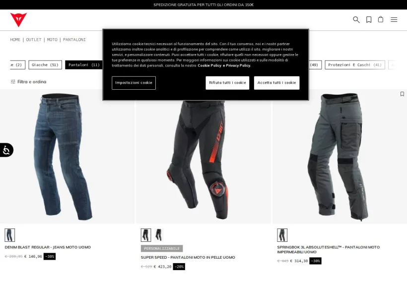Schermata della pagina offerta di Dainese