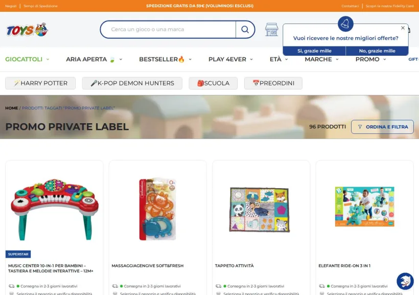 Schermata della pagina offerta di Toys Center