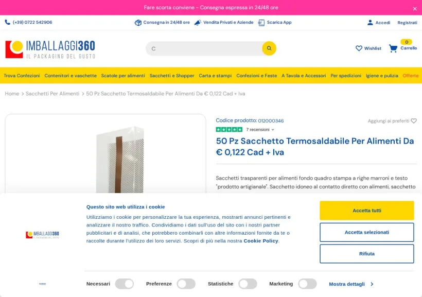 Schermata della pagina offerta di Imballaggi 360