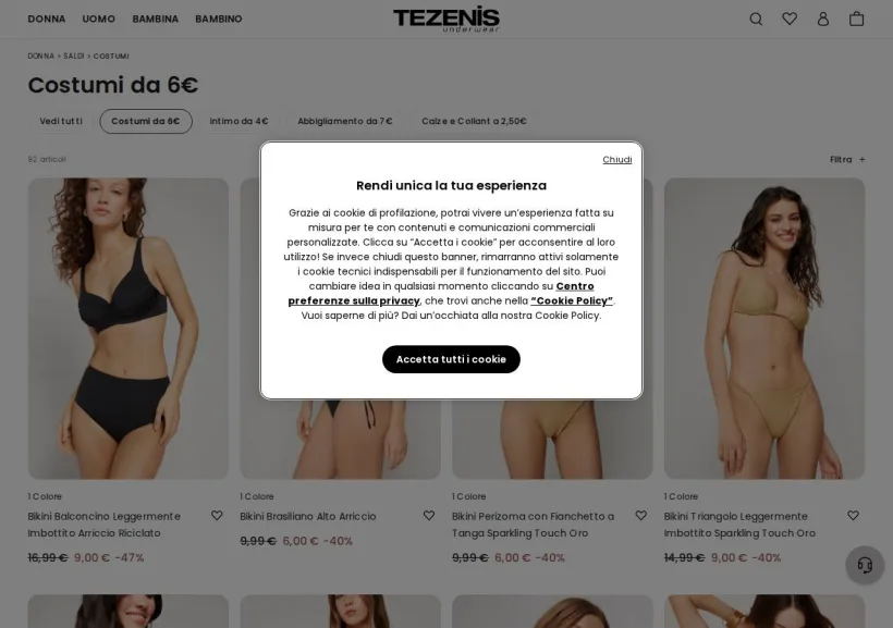 Schermata della pagina offerta di Tezenis