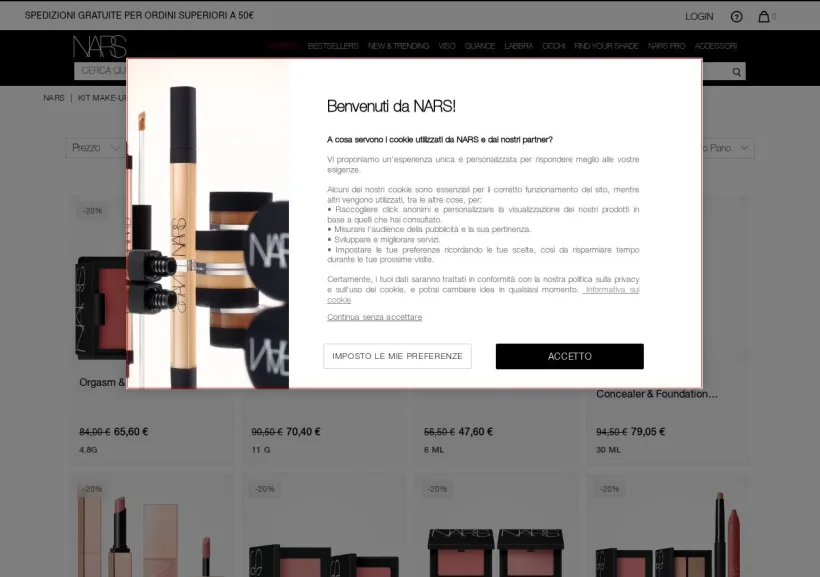 Schermata della pagina offerta di NARS