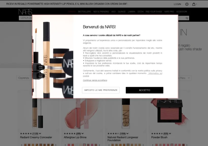 Schermata della pagina offerta di NARS