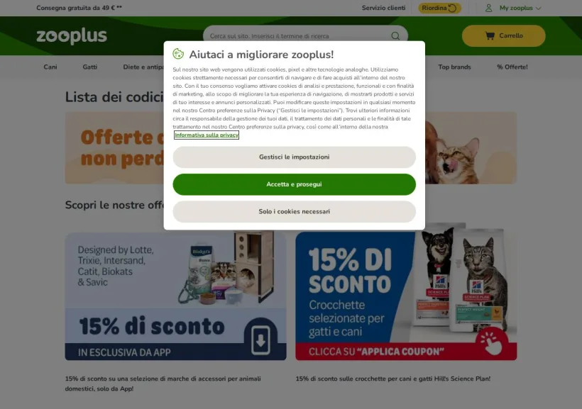 Schermata della pagina offerta di Zooplus