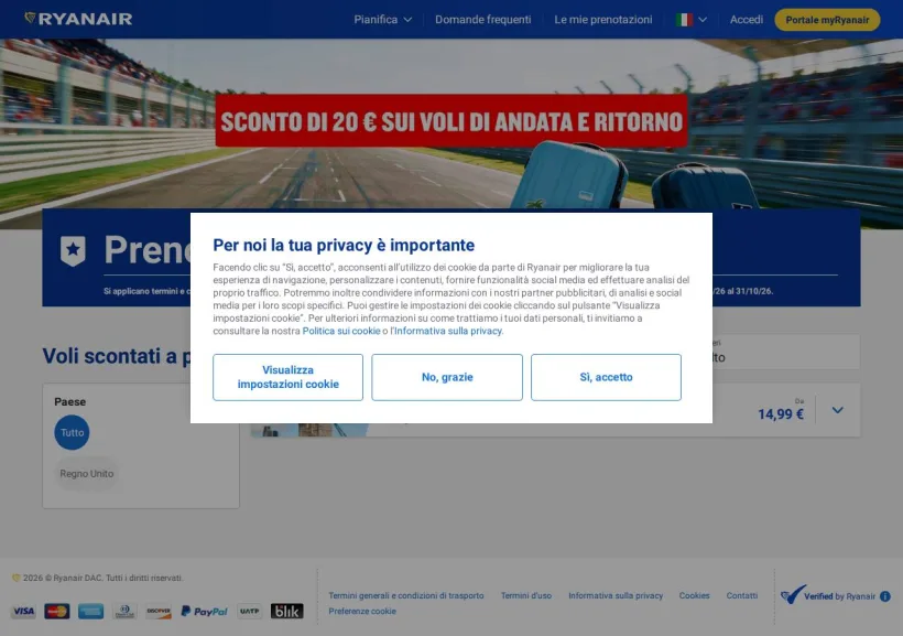 Schermata della pagina offerta di Ryanair