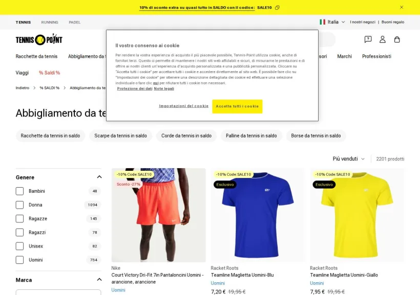 Schermata della pagina offerta di Tennis Point