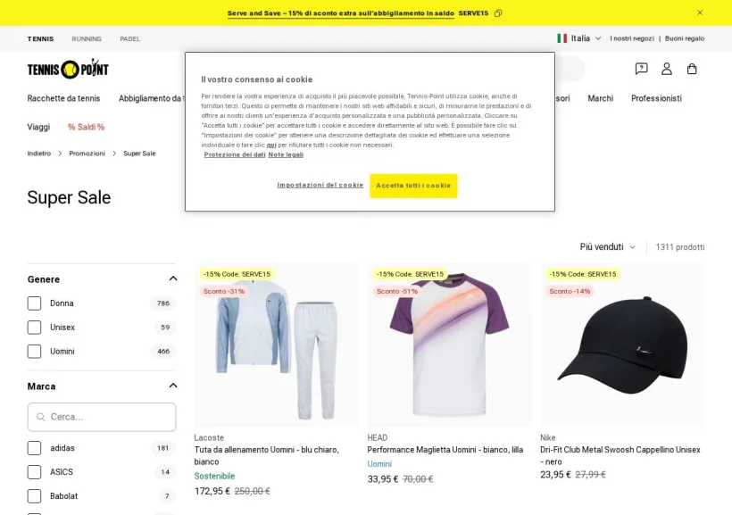 Schermata della pagina offerta di Tennis Point