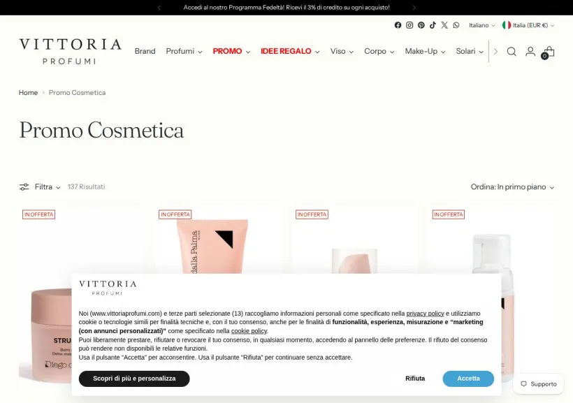 Schermata della pagina offerta di Vittoria Profumi