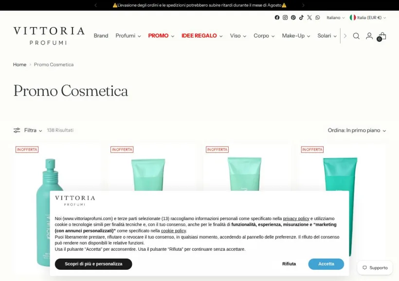 Schermata della pagina offerta di Vittoria Profumi