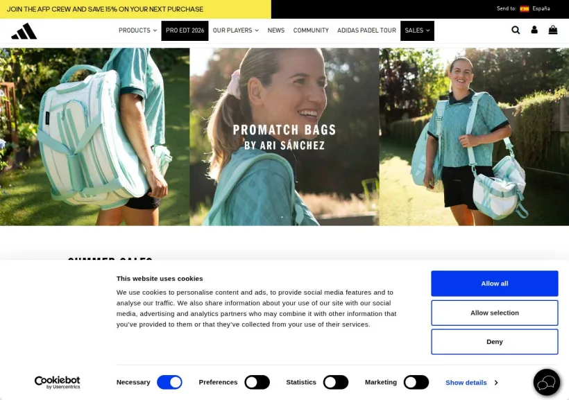 Schermata della pagina offerta di adidas Padel