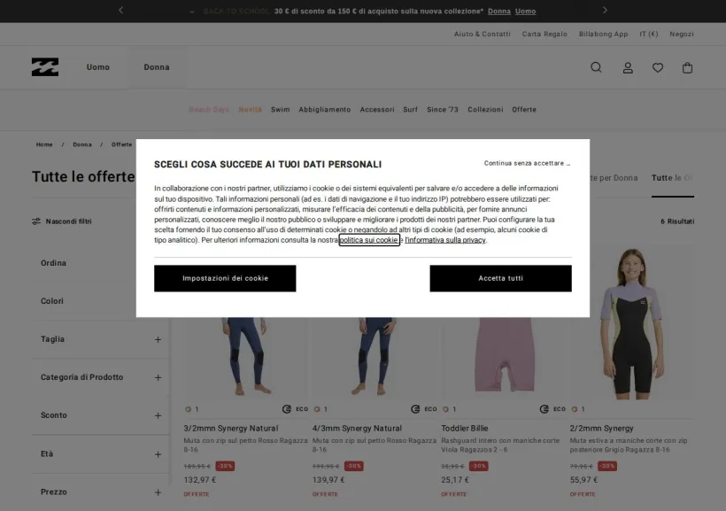Schermata della pagina offerta di Billabong