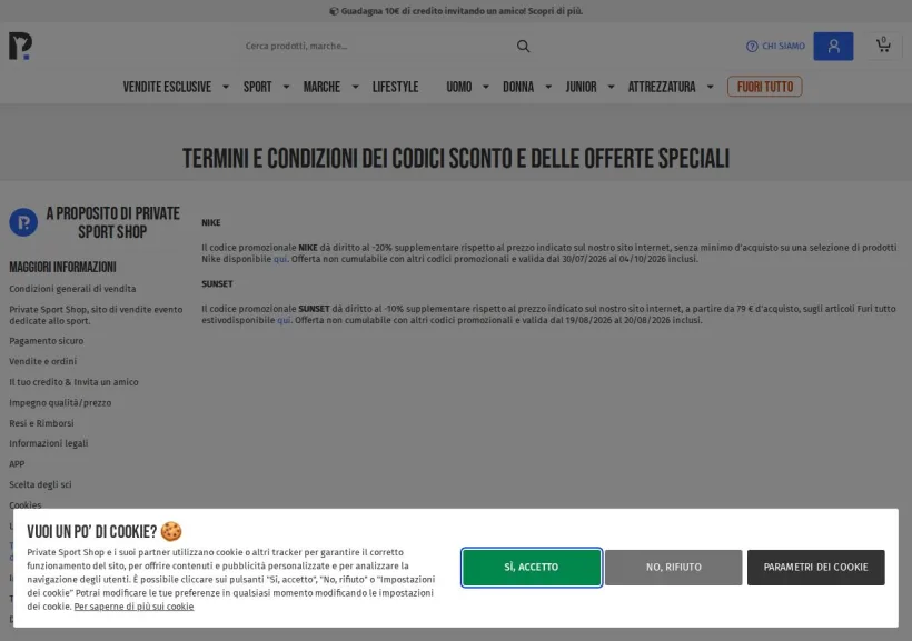Schermata della pagina offerta di Private Sport Shop
