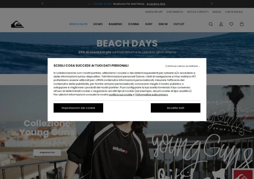 Schermata della pagina offerta di Quiksilver 