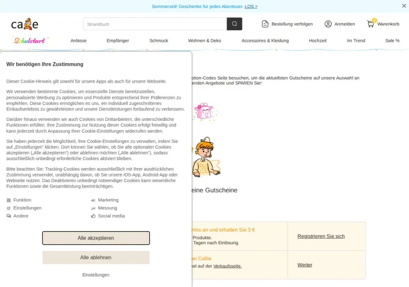 Schermata della pagina offerta di Callie