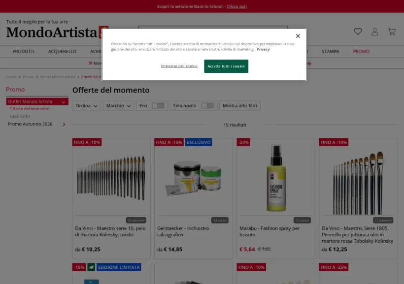 Schermata della pagina offerta di Mondo Artista