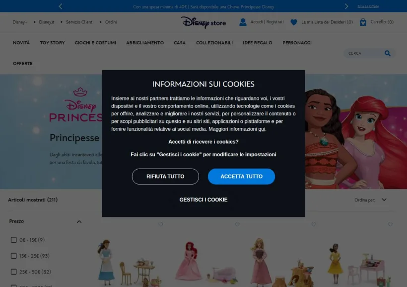 Schermata della pagina offerta di Shop Disney