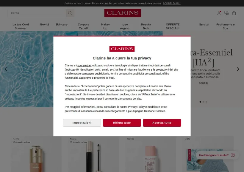 Schermata della pagina offerta di Clarins