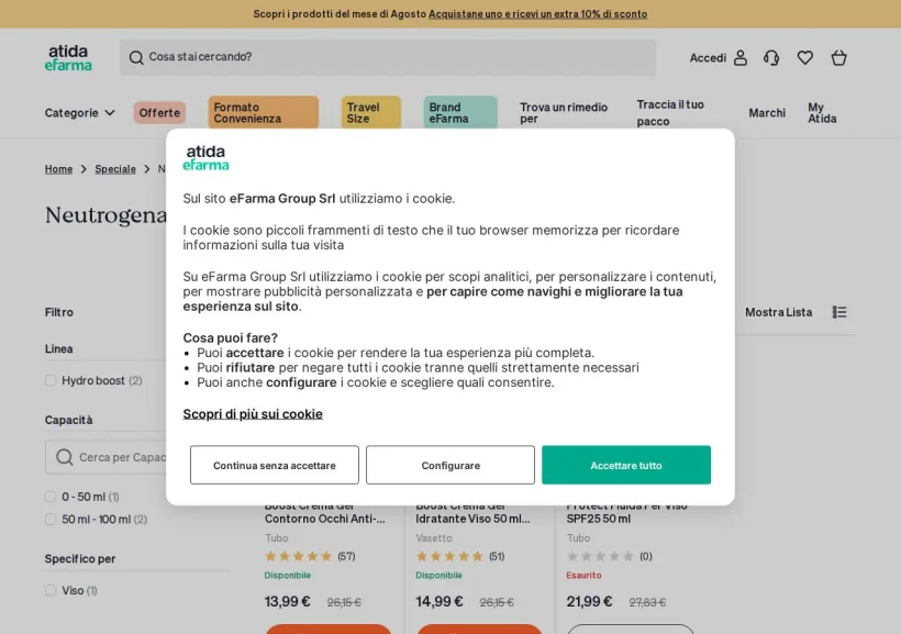 Schermata della pagina offerta di eFarma