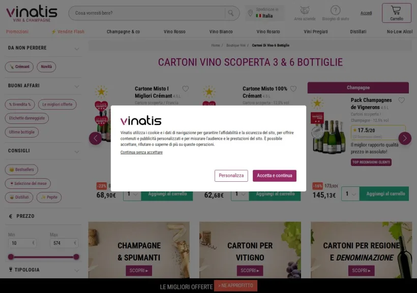 Schermata della pagina offerta di Vinatis