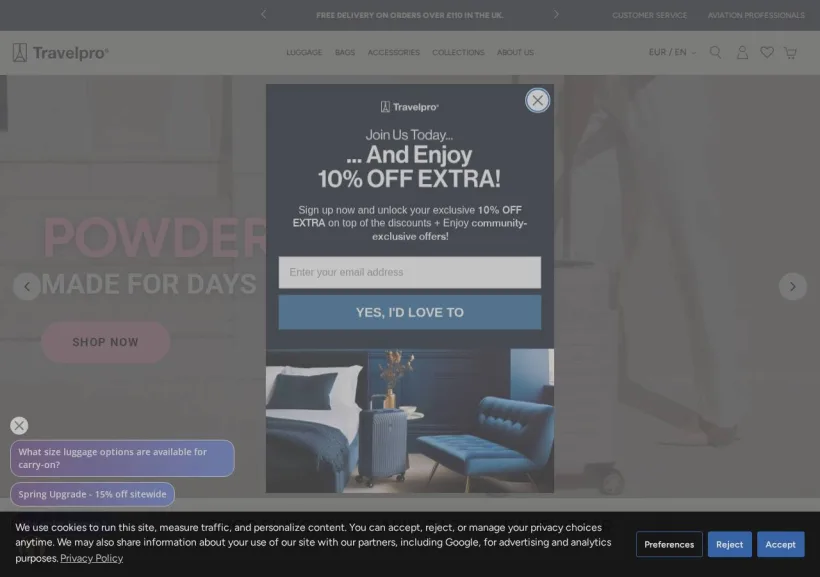 Schermata della pagina offerta di Travelpro