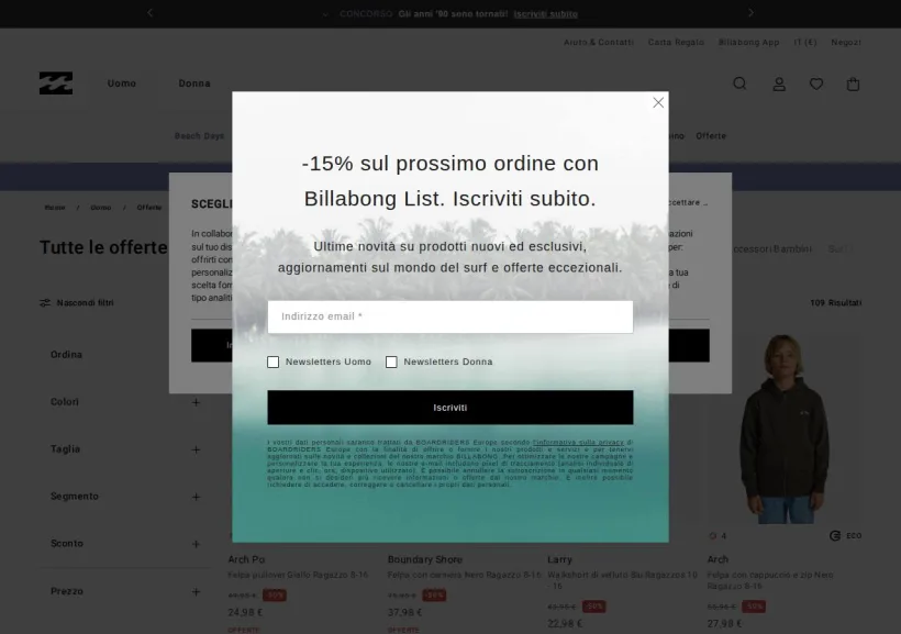 Schermata della pagina offerta di Billabong