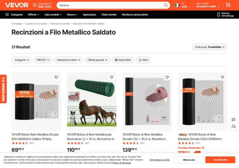 Schermata della pagina offerta di Vevor