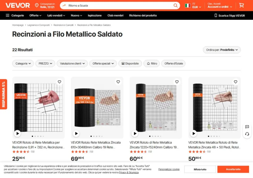 Schermata della pagina offerta di Vevor