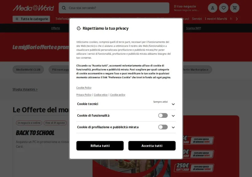 Schermata della pagina offerta di Mediaworld