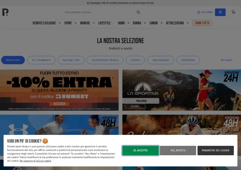 Schermata della pagina offerta di Private Sport Shop