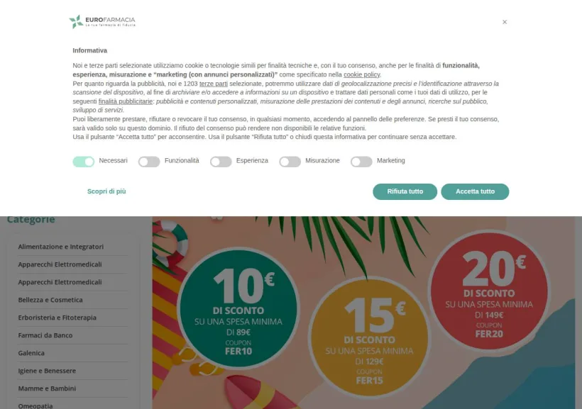 Schermata della pagina offerta di Eurofarmacia