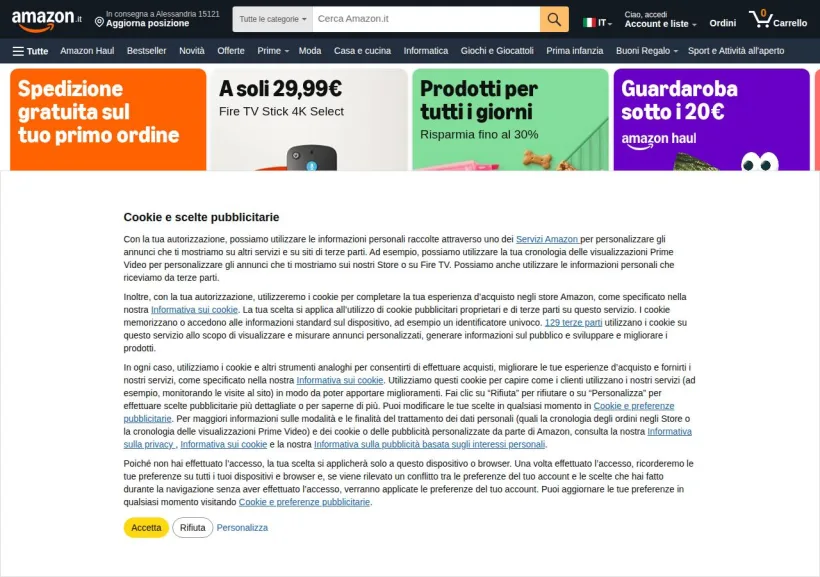 Schermata della pagina offerta di Amazon