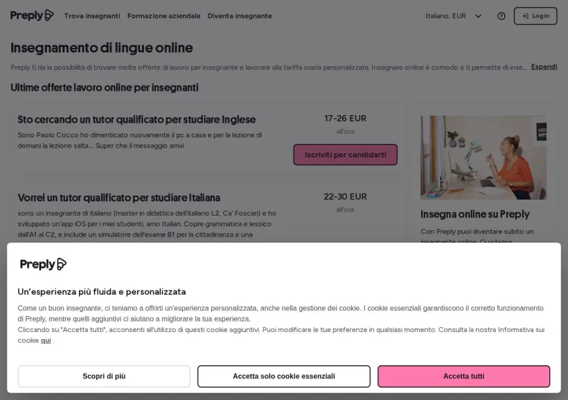 Schermata della pagina offerta di Preply