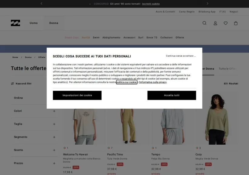 Schermata della pagina offerta di Billabong