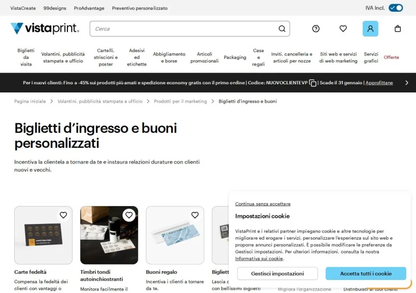 Schermata della pagina offerta di Vistaprint