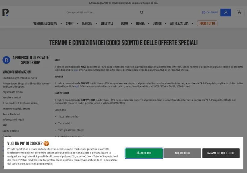 Schermata della pagina offerta di Private Sport Shop