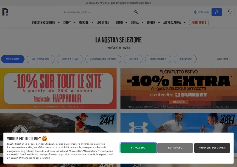 Schermata della pagina offerta di Private Sport Shop