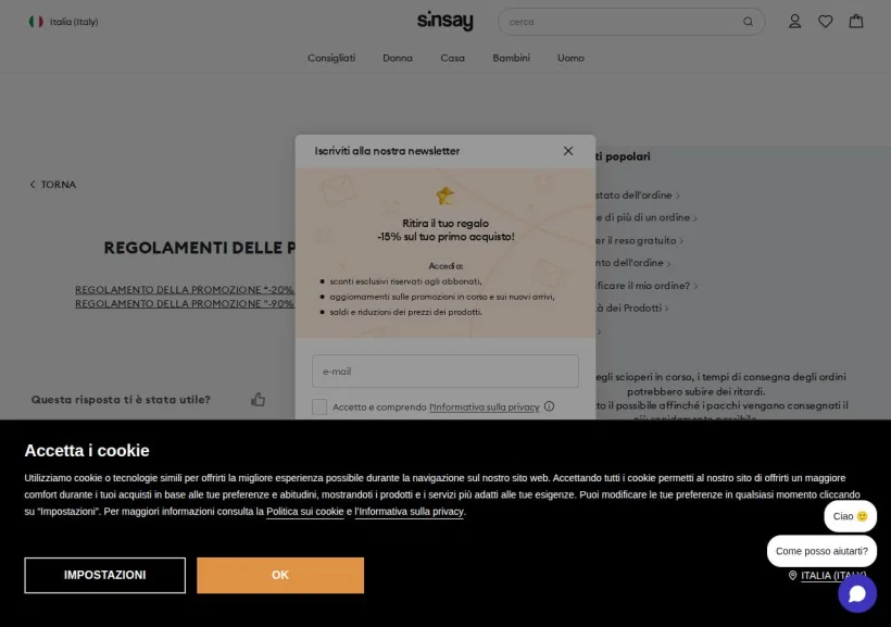 Schermata della pagina offerta di Sinsay