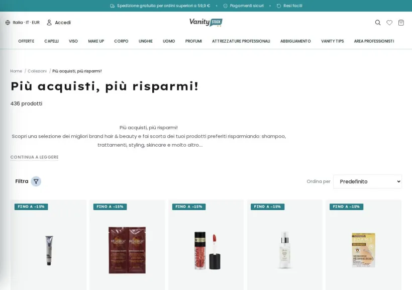 Schermata della pagina offerta di VanityStock.com