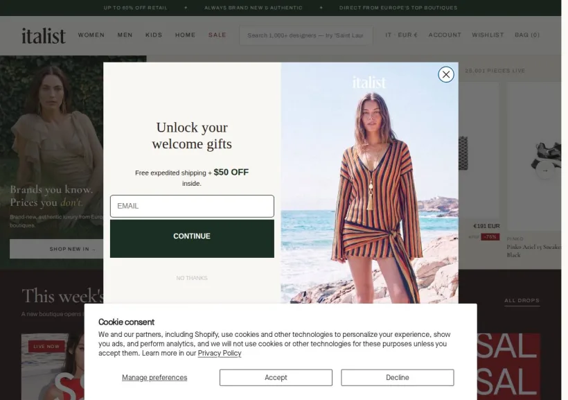 Schermata della pagina offerta di Italist