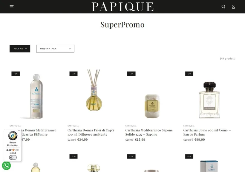 Schermata della pagina offerta di Papique