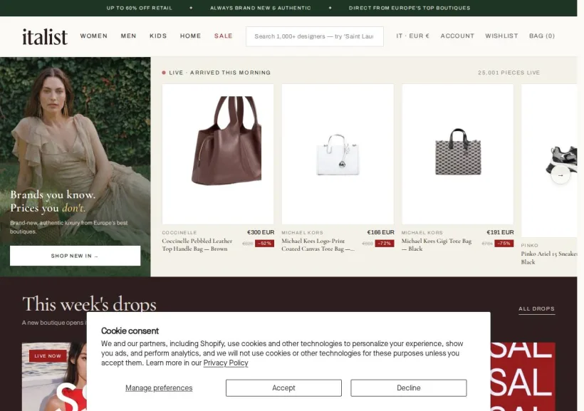 Schermata della pagina offerta di Italist