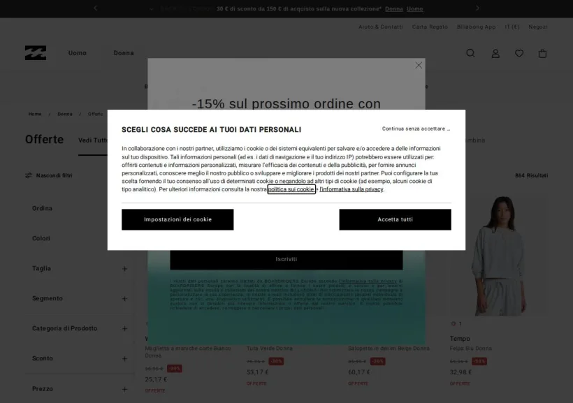 Schermata della pagina offerta di Billabong