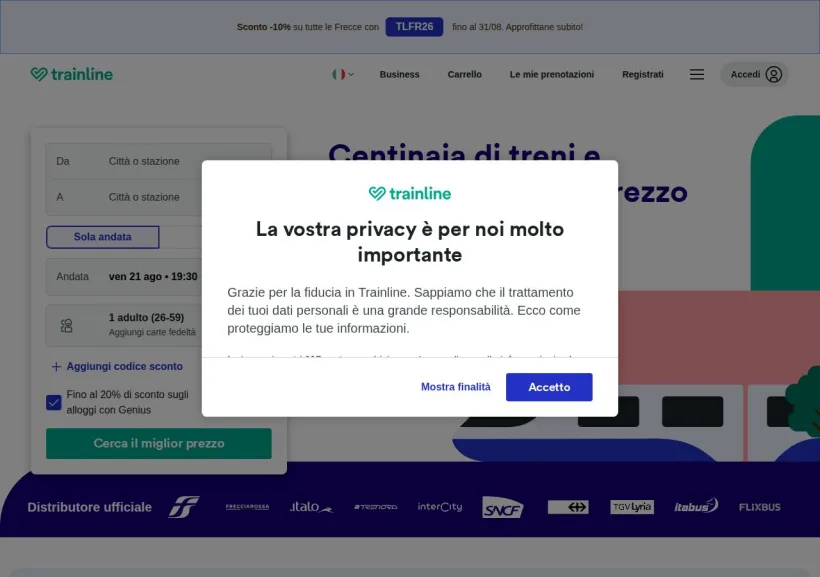 Schermata della pagina offerta di Trainline
