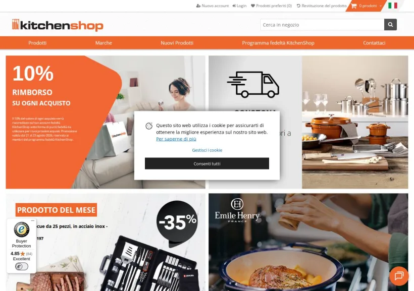 Schermata della pagina offerta di KitchenShop Europe