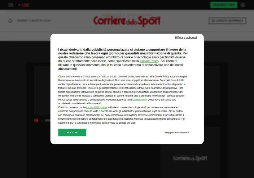 Schermata della pagina offerta di Corriere dello Sport
