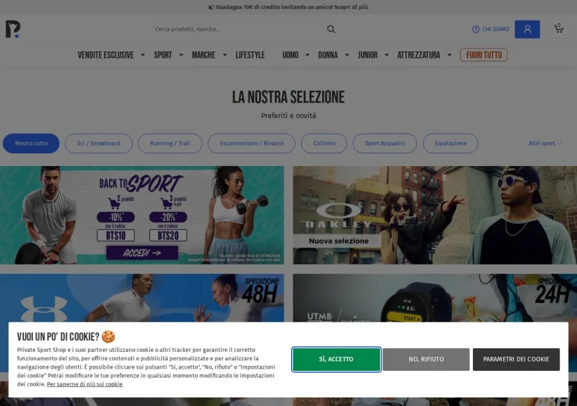 Schermata della pagina offerta di Private Sport Shop