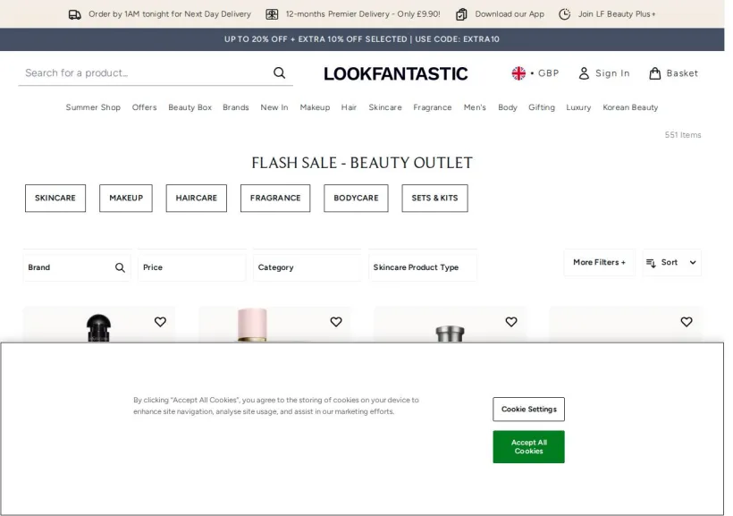 Schermata della pagina offerta di Look Fantastic