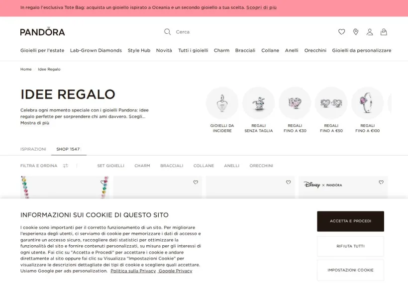 Schermata della pagina offerta di Pandora