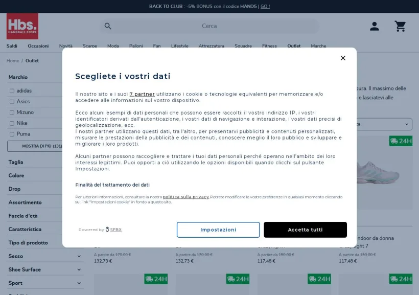 Schermata della pagina offerta di Handball-Store