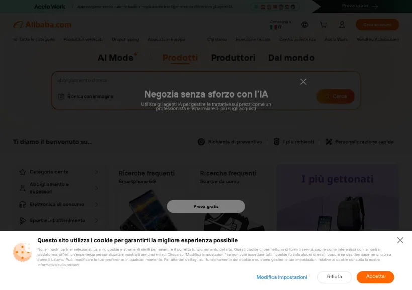 Schermata della pagina offerta di Alibaba