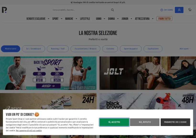 Schermata della pagina offerta di Private Sport Shop